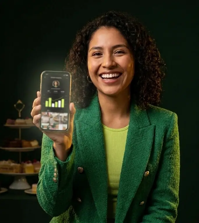 Emprendedora sonriendo mientras muestra sus tortas en el celular